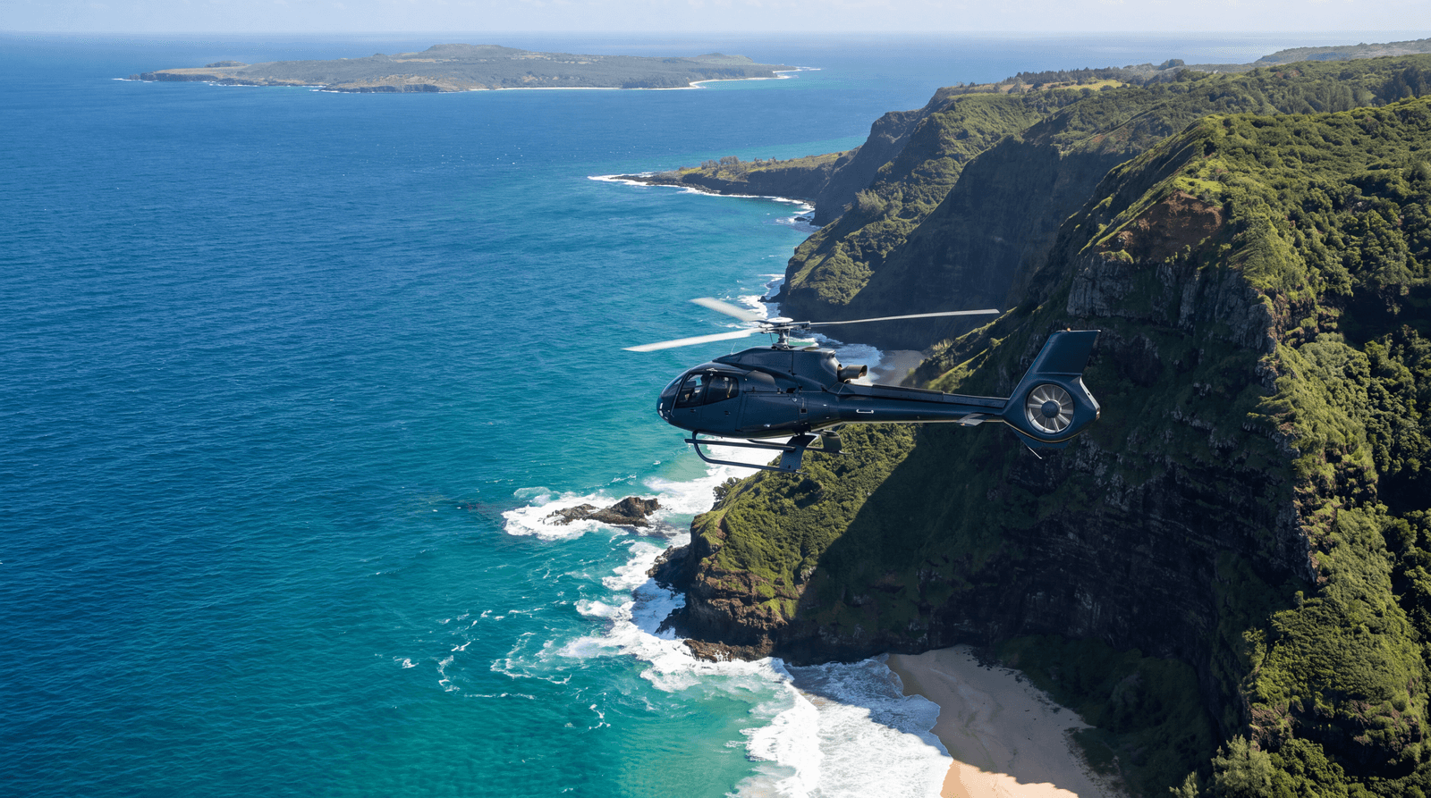 Helicopter along the coast with the next island across the channel