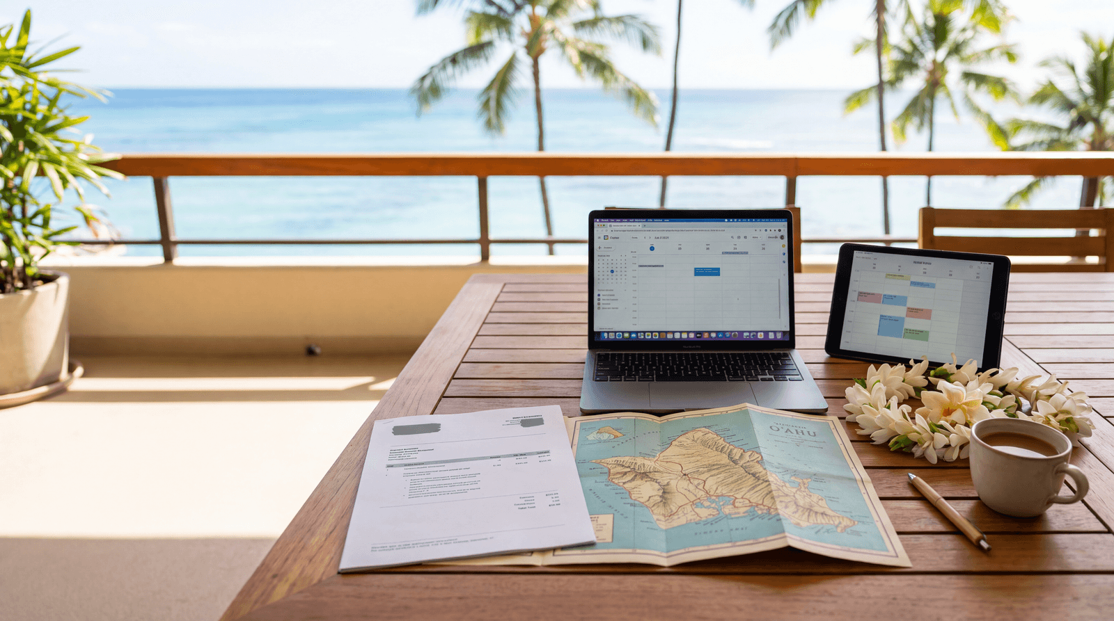 Planner's desk on a Honolulu lanai