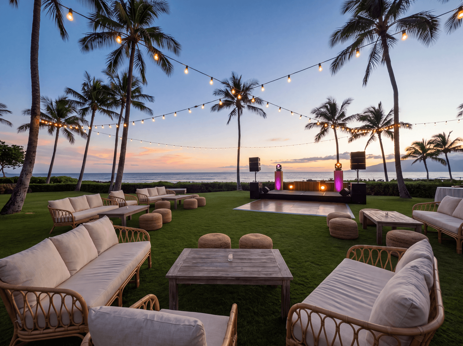 Outdoor event lounge on a resort lawn at dusk