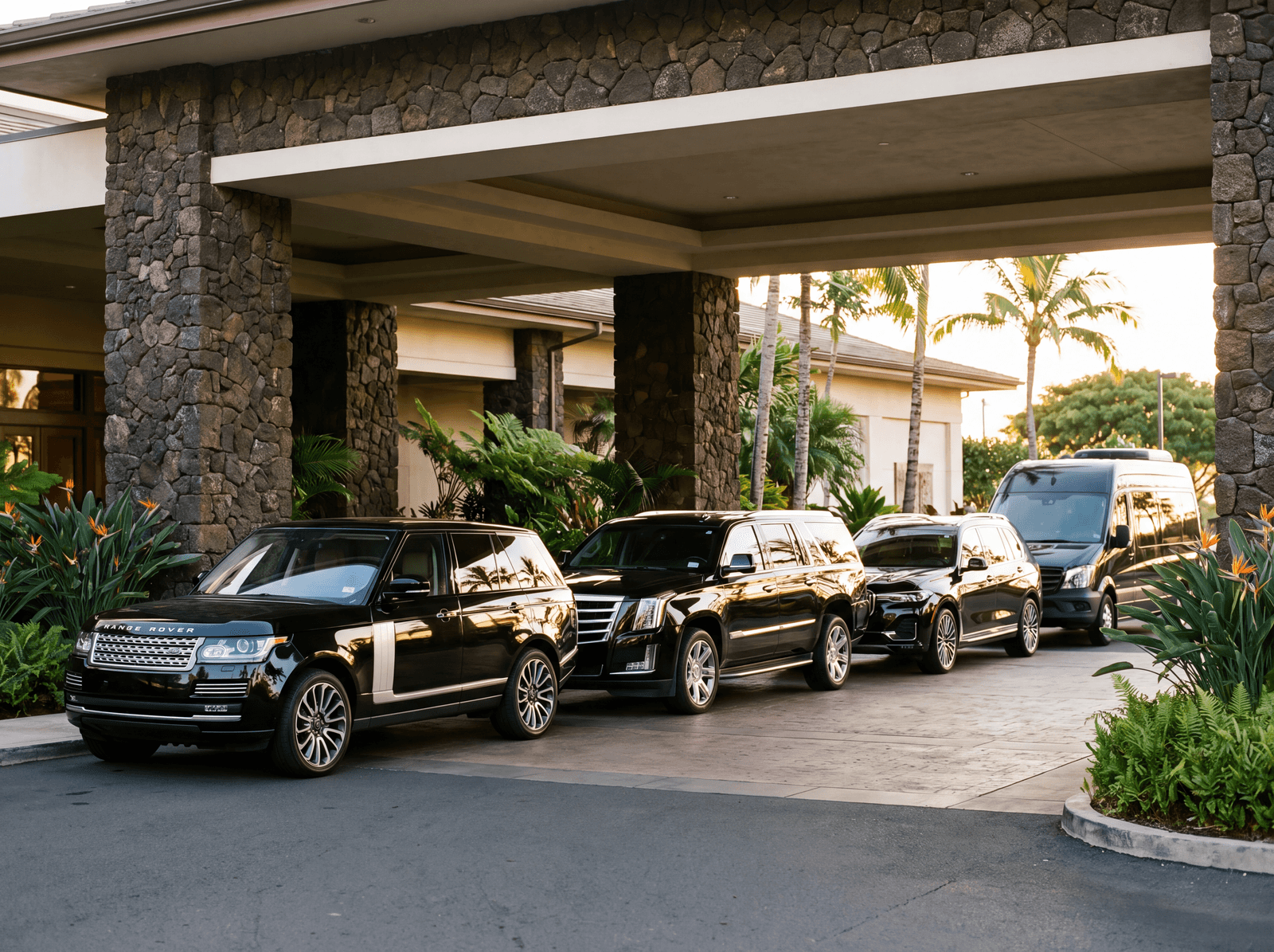 Black SUVs and a van lined up at a Hawaiian resort entrance