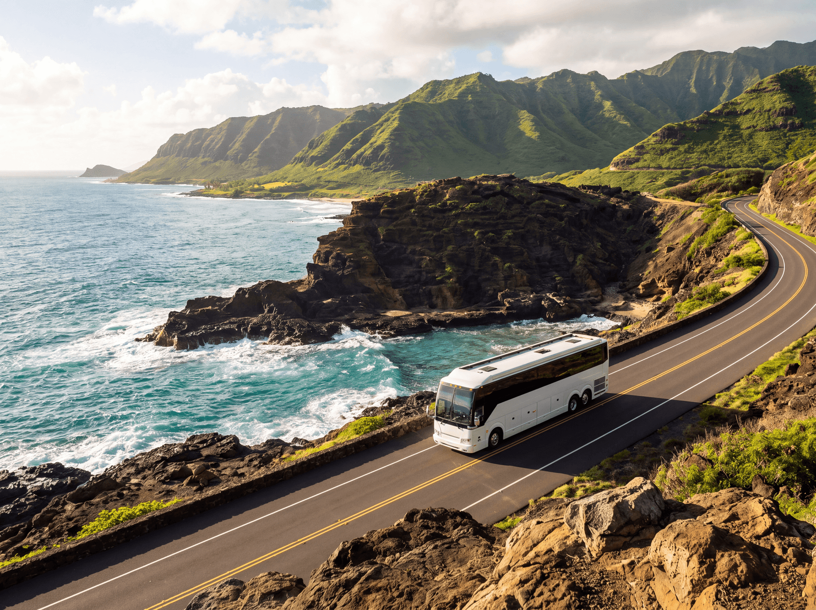 Motorcoach on a coastal highway on Oʻahu
