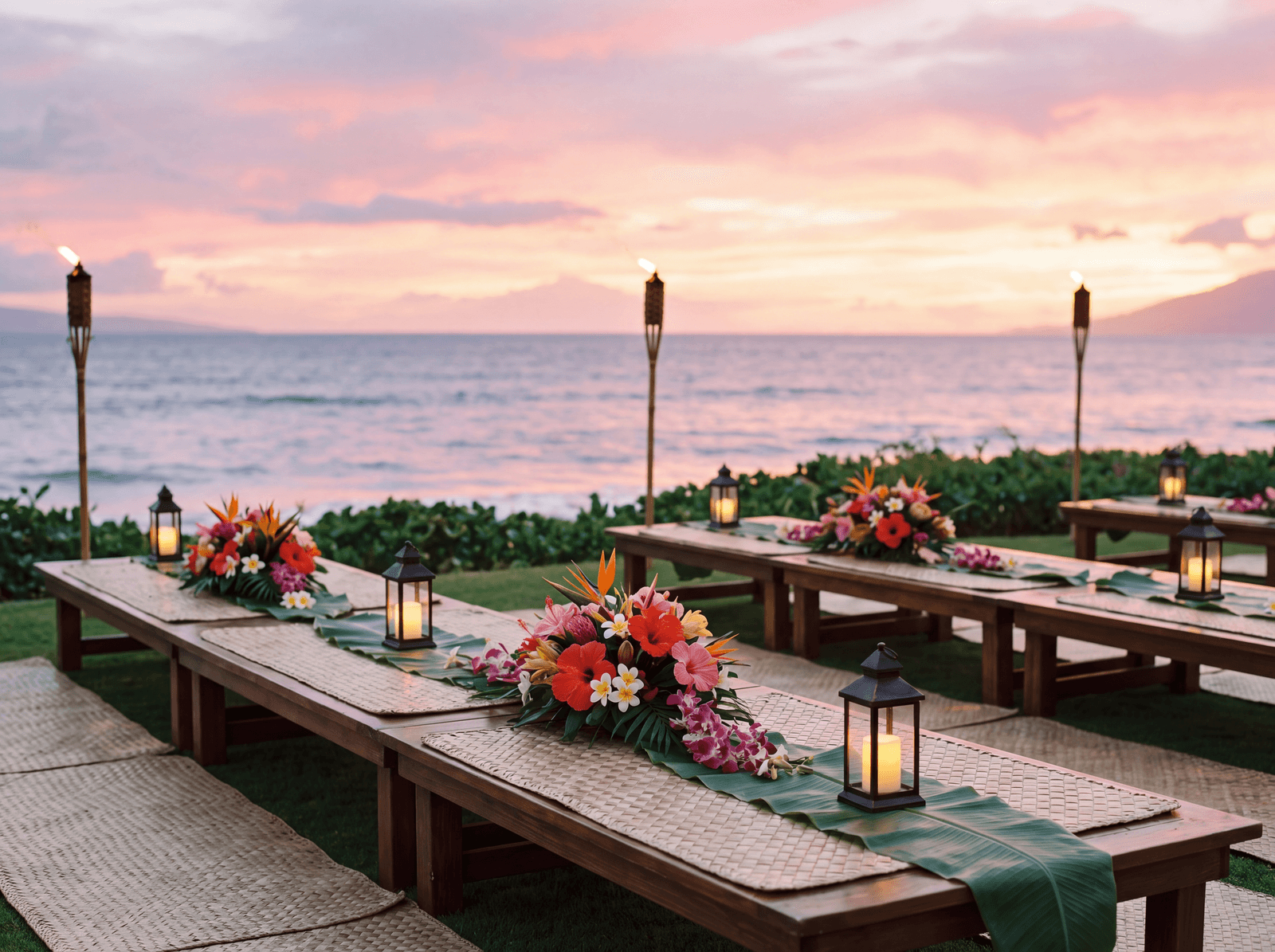 Private lūʻau tables lit by torches after sunset