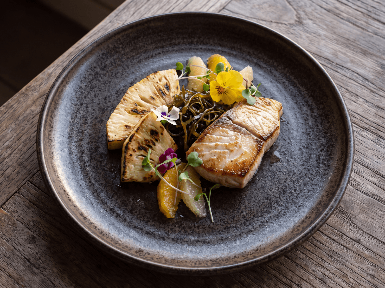 Plated local fish with ʻulu on a dark ceramic plate