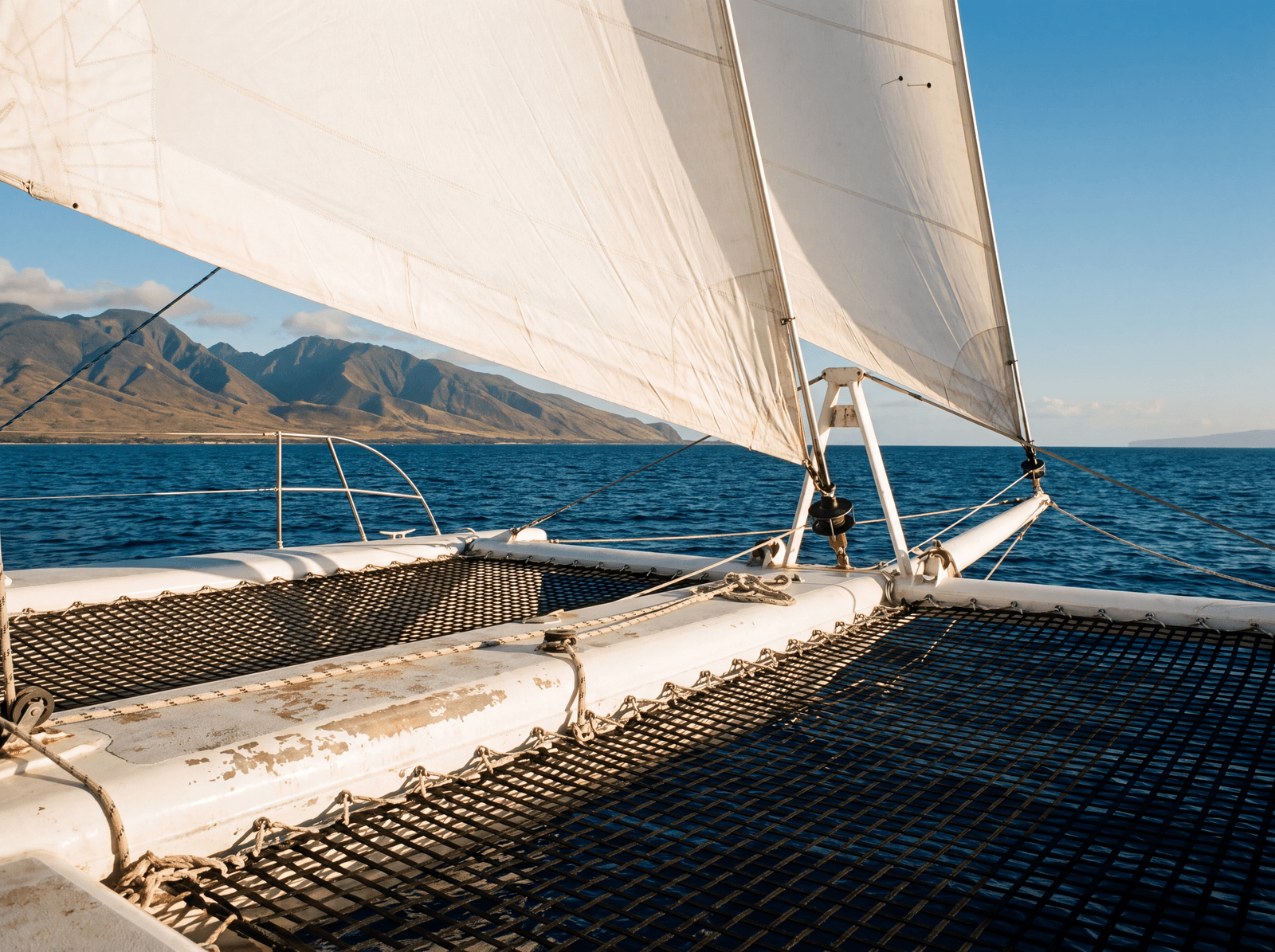 Catamaran deck under sail off Maui