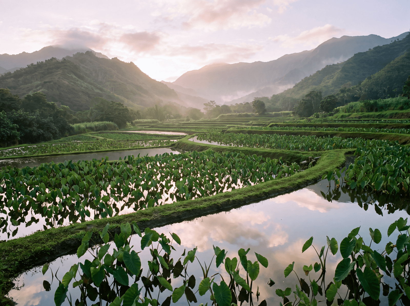Terraced loʻi kalo in a green valley