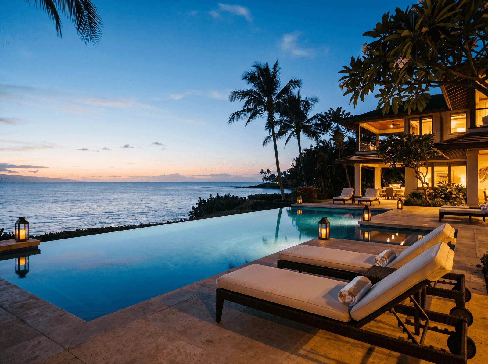 Infinity pool at a private estate at dusk