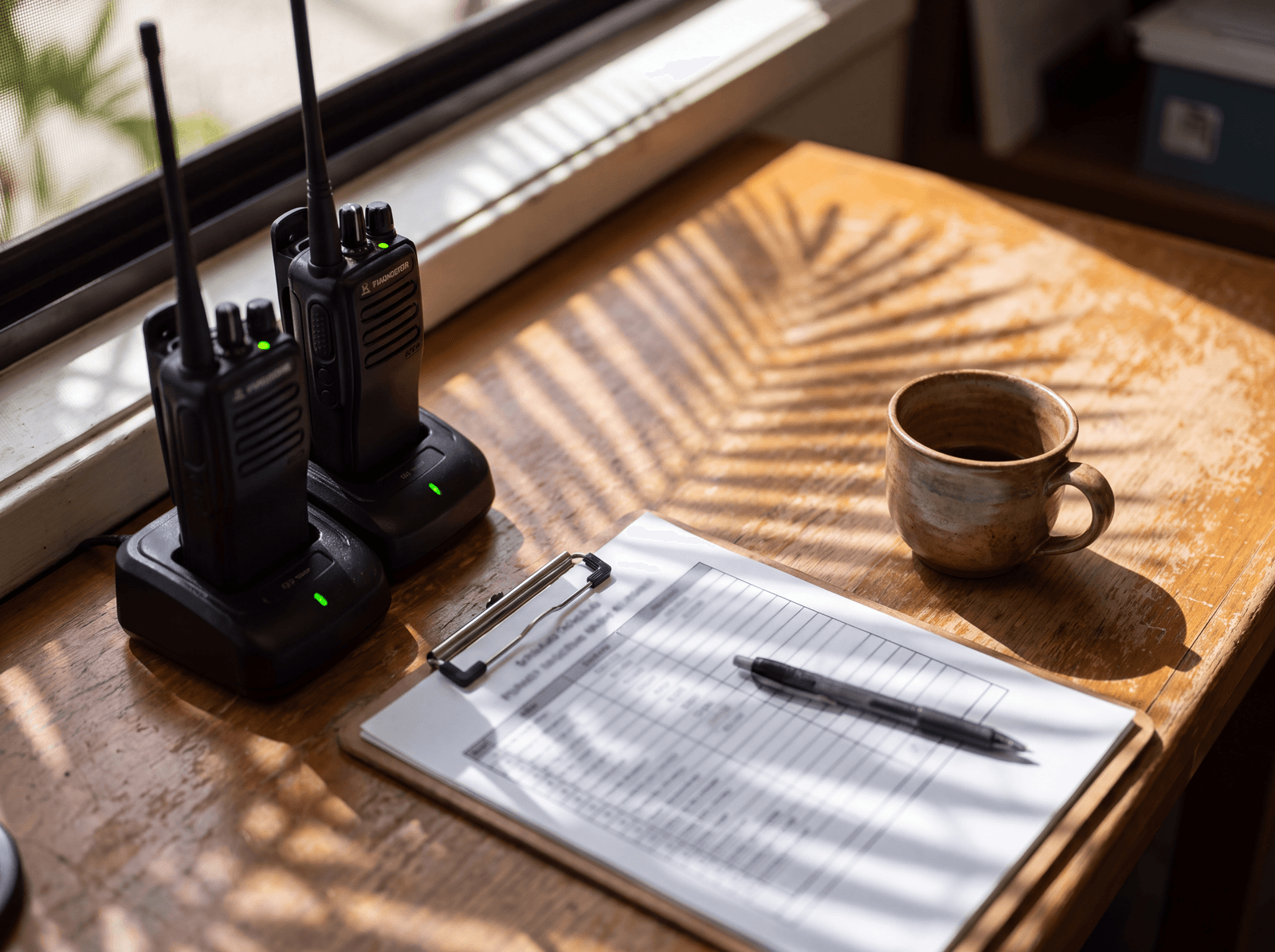 Two-way radios and a transport manifest on an operations table