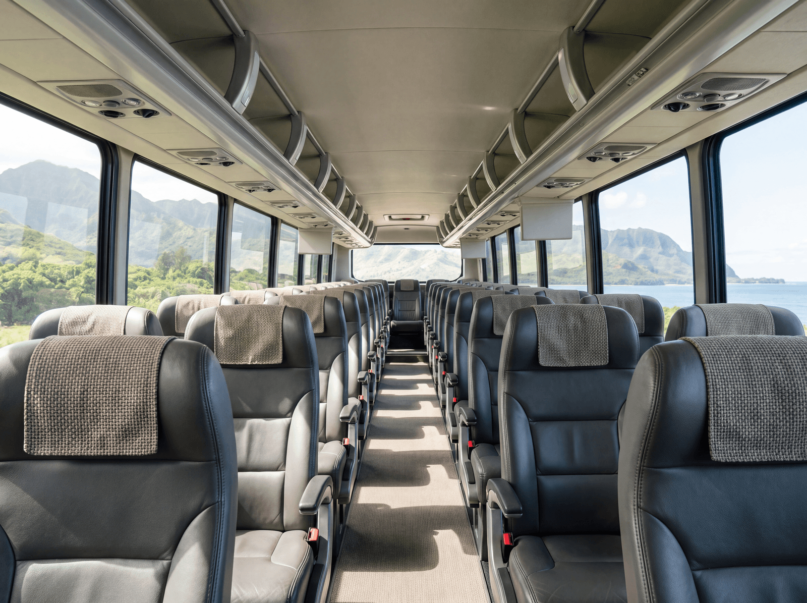 Motorcoach interior with reclining seats and panoramic windows