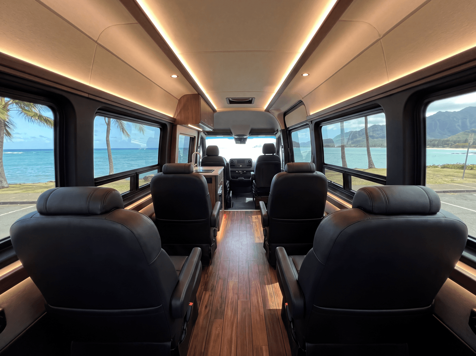 Executive van interior with leather captain's seats