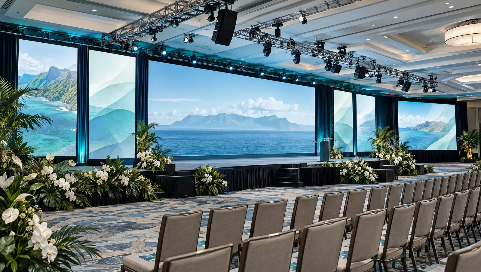 Ballroom stage with coordinated screens, lighting, and seating