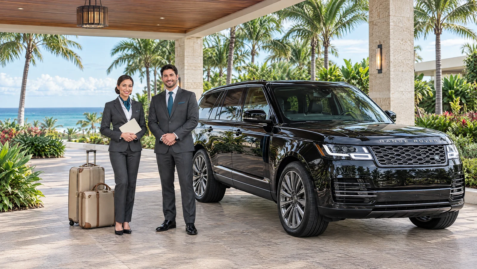 Two welcoming chauffeurs beside a black executive SUV and luggage
