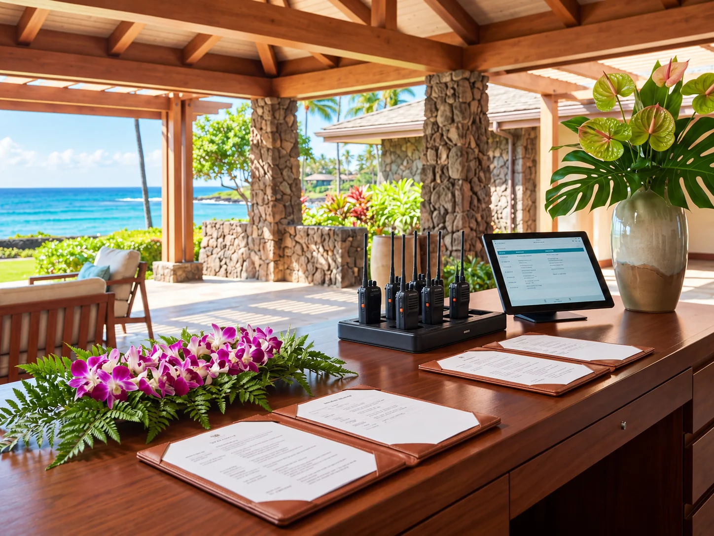 Coastal hospitality coordination desk with leis, radios, and program plans