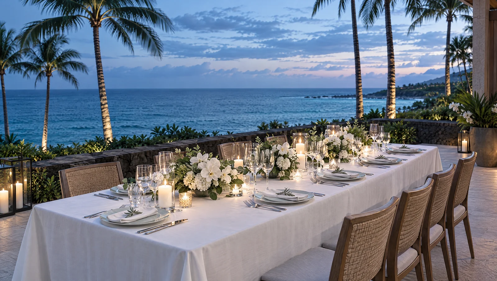 White linen dinner table overlooking the ocean at blue hour