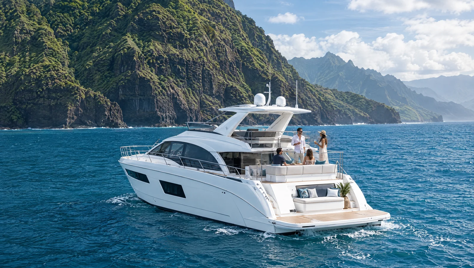 White motor yacht beside a dramatic green coastal landscape