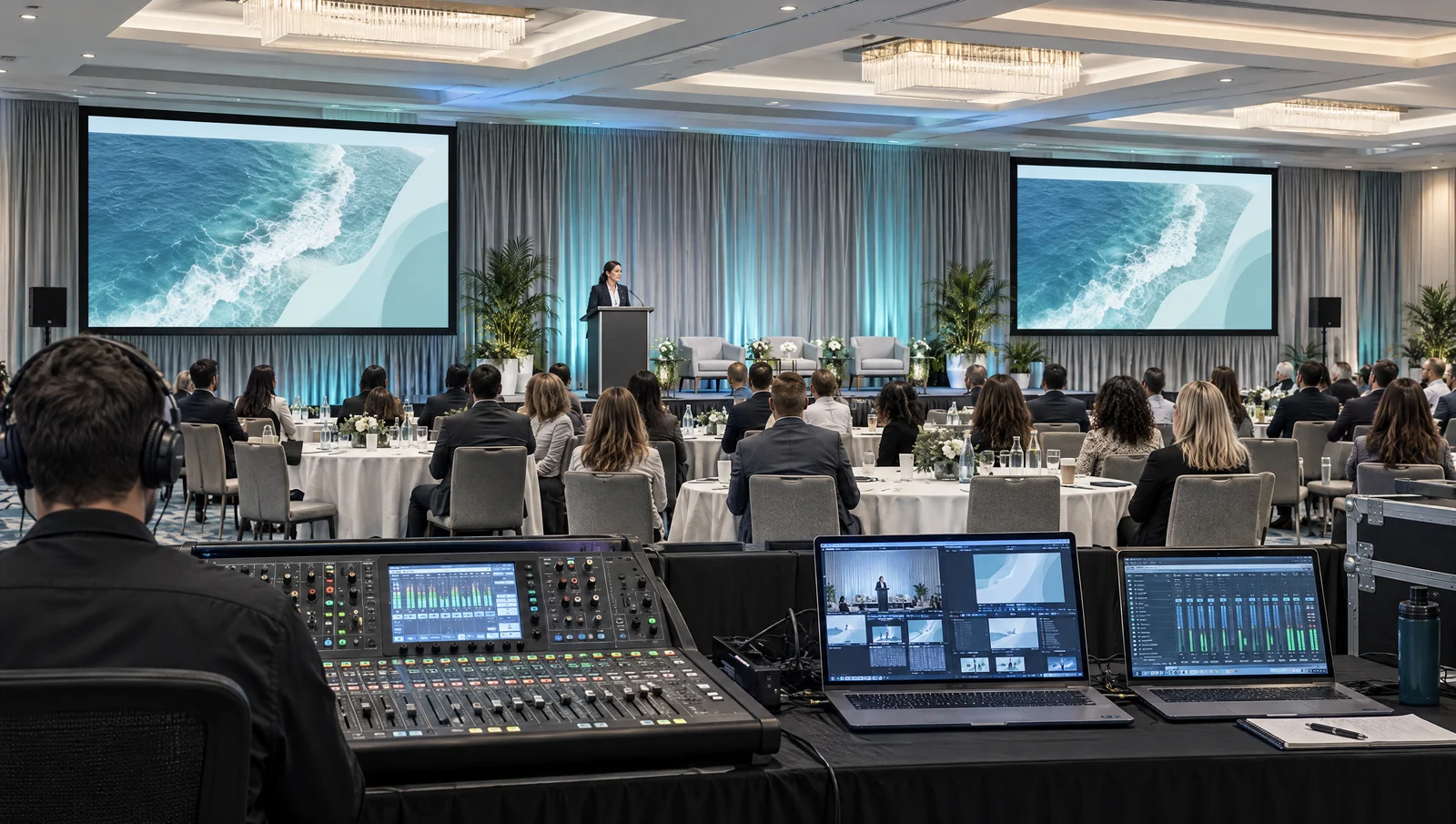 Technician at an audio console overlooking a conference and projection screens