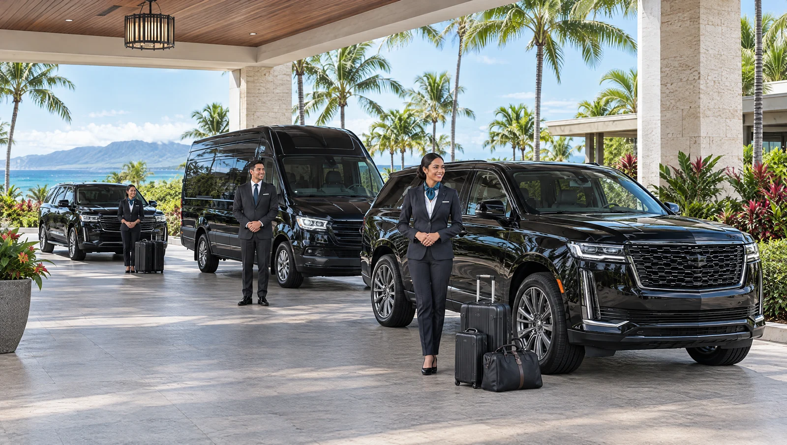 Welcoming staff beside executive vehicles in a coastal arrival court