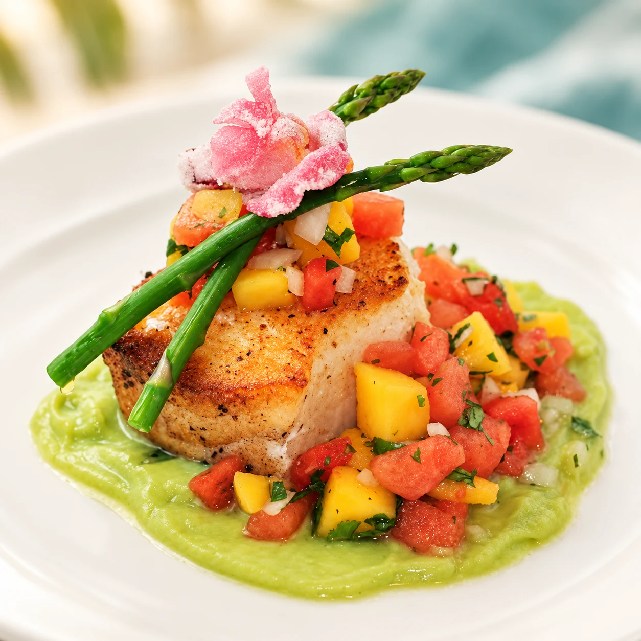 Plated fish with asparagus, colorful vegetables and a light green sauce