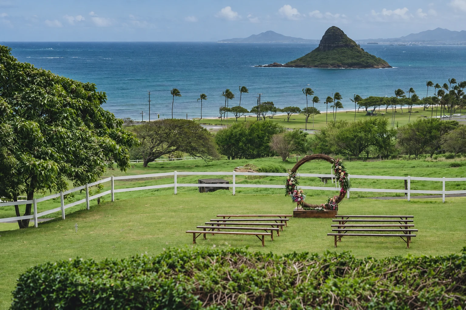 Ocean-view ceremony lawn with a circular floral arch and timber benches