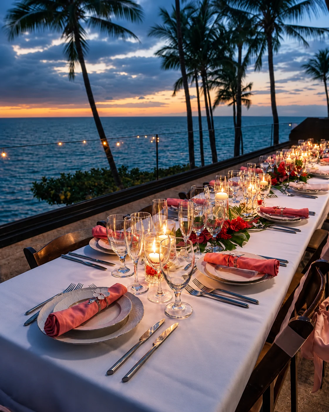Candlelit dinner table overlooking the ocean beneath palm trees