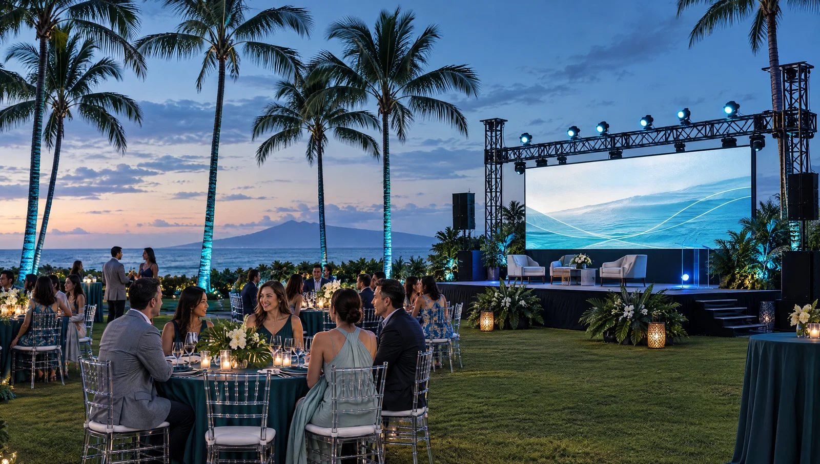 Oceanfront evening gathering with a stage, screen, and dinner tables