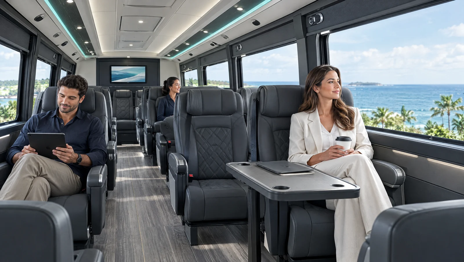 Refined passenger cabin with comfortable seating and coastal views