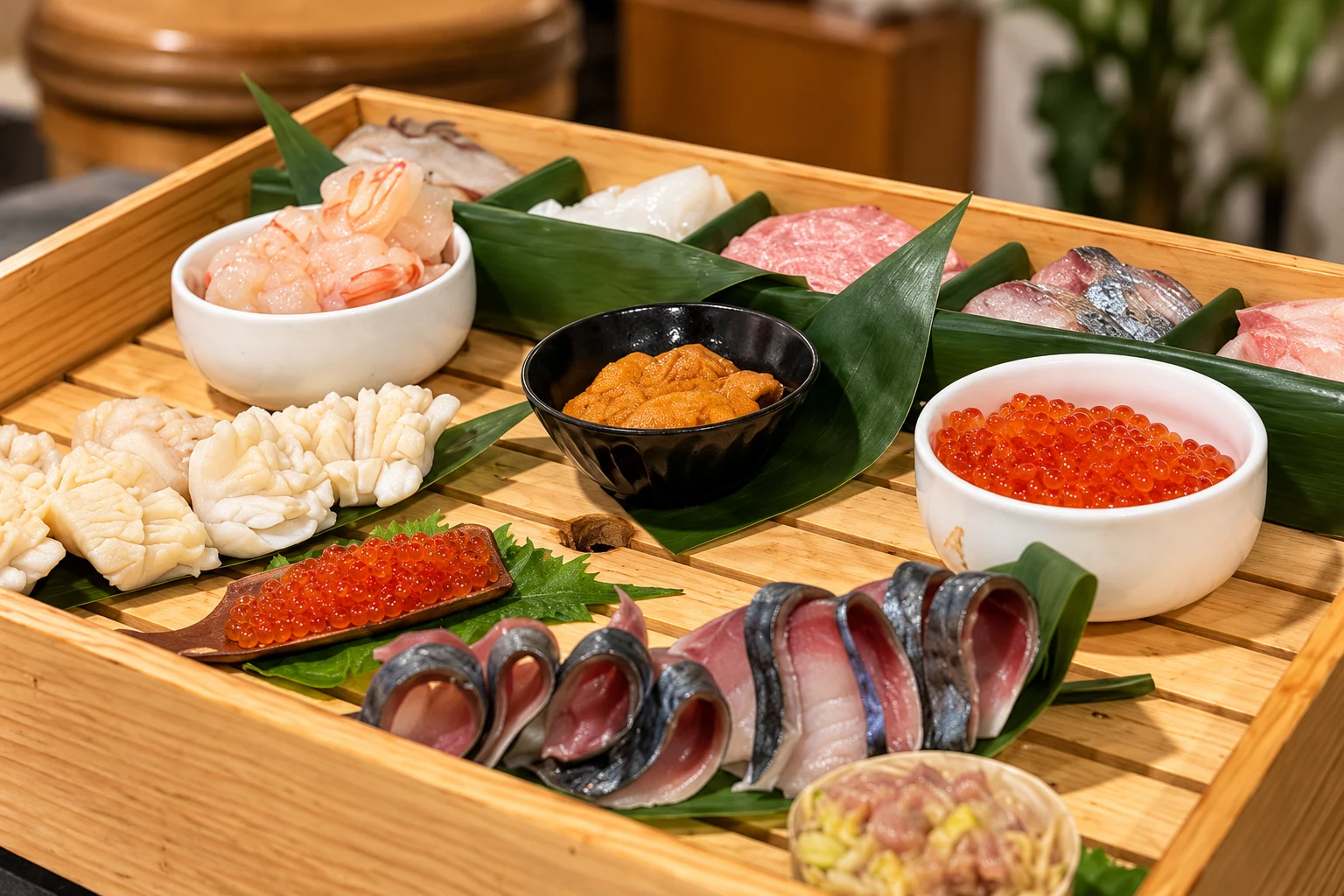Seafood presentation with sashimi, shellfish and roe in a wooden serving tray